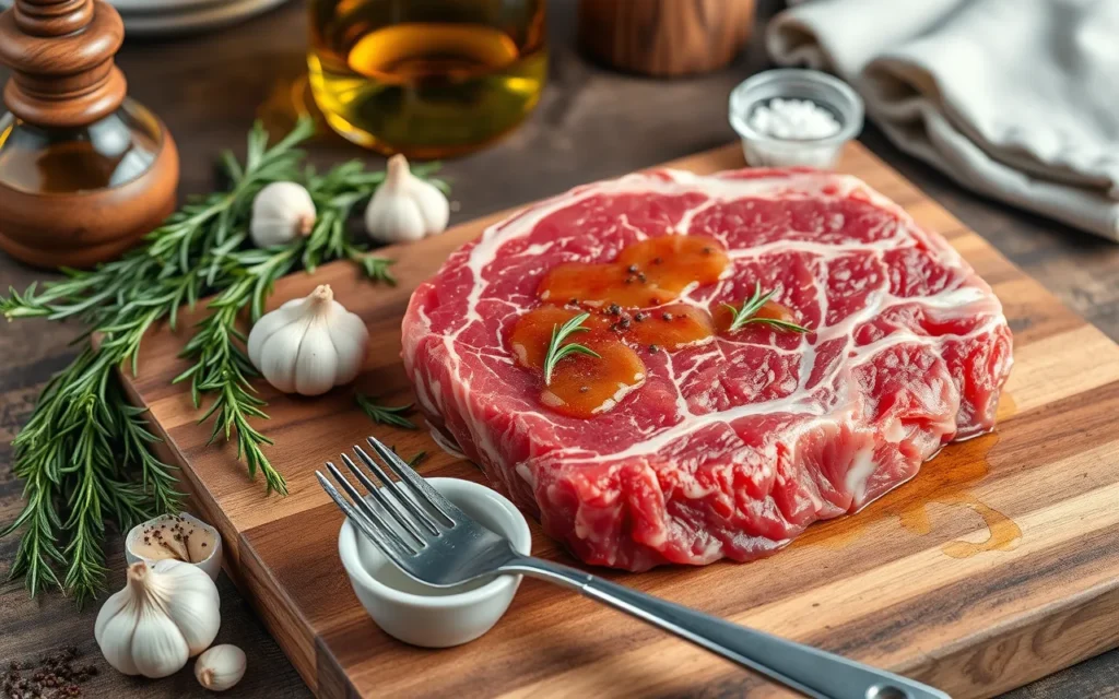 Côte de bœuf crue avec une marinade, entourée de romarin, d’ail et de sel, sur une planche en bois.