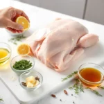 Plan de travail avec les ingrédients pour un filet de dinde : filet de 1 kg sur une planche à découper, entouré de bols d'huile d'olive, beurre fondu, ail émincé, thym, romarin et bouillon de volaille.
