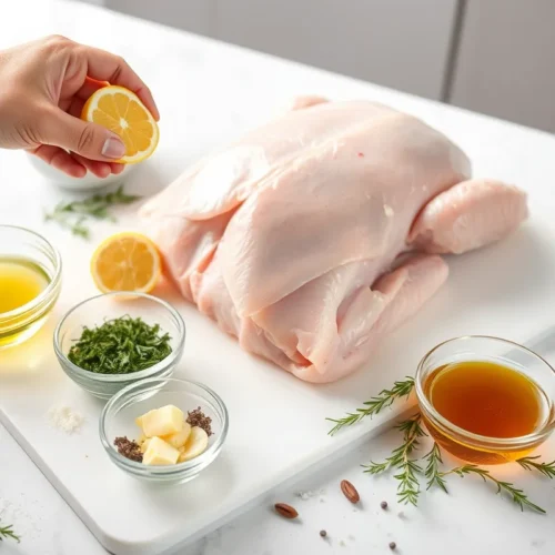 Plan de travail avec les ingrédients pour un filet de dinde : filet de 1 kg sur une planche à découper, entouré de bols d'huile d'olive, beurre fondu, ail émincé, thym, romarin et bouillon de volaille.