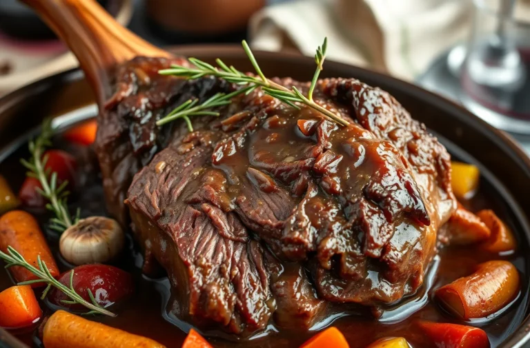 cuisson Jarret de bœuf parfaitement cuit, tendre et accompagné d'une sauce brillante, de légumes et d'aromates