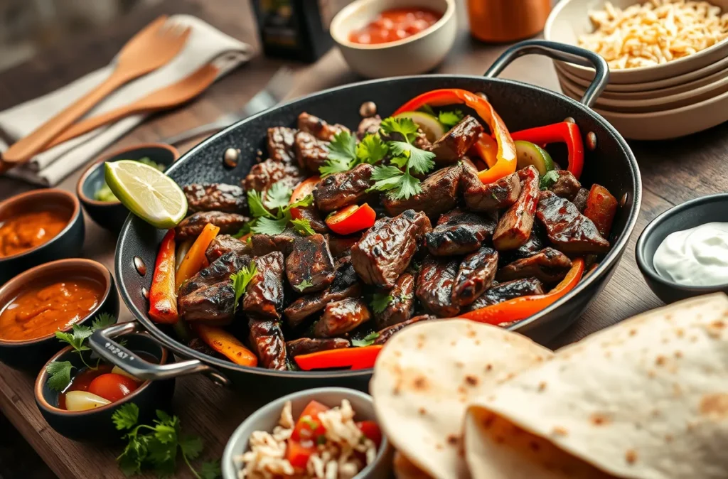 Fajitas au bœuf mariné, avec lanières de bœuf caramélisées, poivrons grillés et oignons, accompagnés de tortillas chaudes et garnitures comme guacamole et salsa.