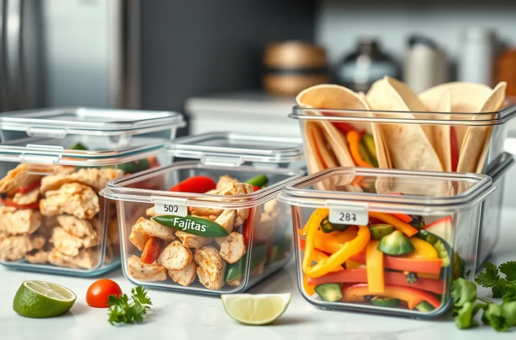 Fajitas conservées dans des contenants hermétiques, avec poulet, légumes grillés et tortillas séparés, prêtes à être réutilisées pour wraps ou salades