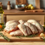 Ingrédients pour des fajitas inoubliables : pilons de poulet, poivrons colorés, oignons, épices, ail, huile d'olive et tortillas prêtes à garnir