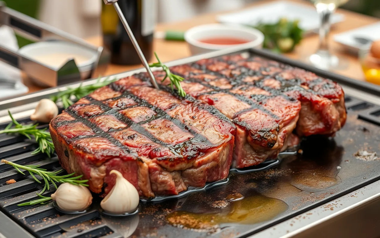 Côte de bœuf cuite à la plancha avec des stries de cuisson, accompagnée de romarin frais et de gousses d'ail
