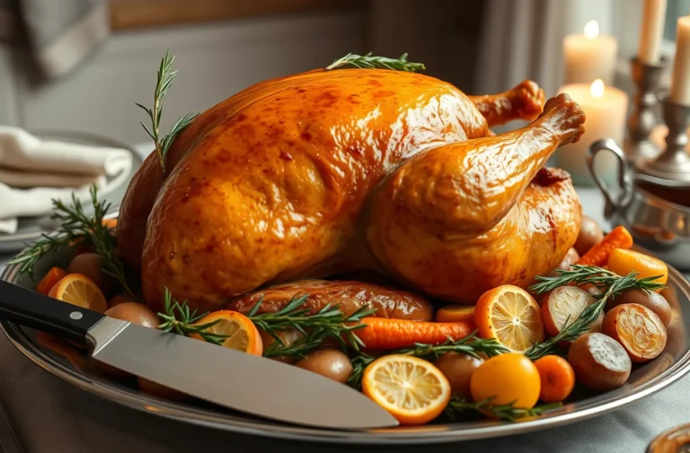 Dinde rôtie entière, parfaite pour une recette dinde festive, garnie de romarin, thym frais et rondelles d’orange, entourée de légumes rôtis.