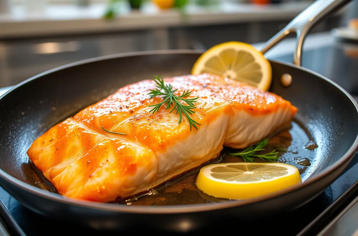 Pavé de saumon doré à la poêle avec des herbes fraîches et du citron.