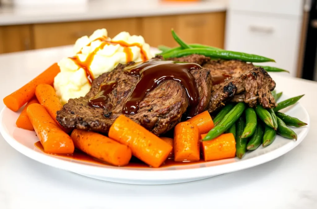 Paleron de bœuf mijoté servi avec purée de pommes de terre, carottes rôties et haricots verts dans une cuisine moderne et lumineuse