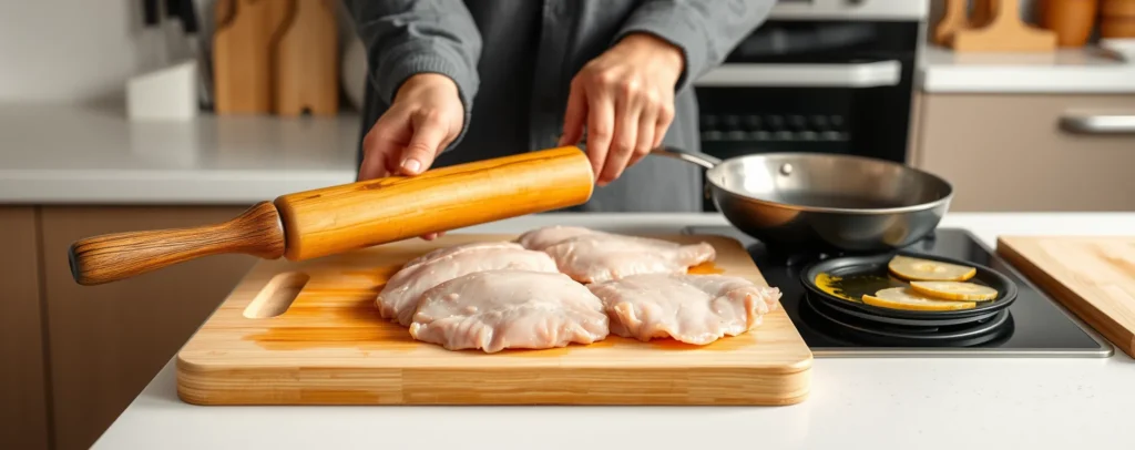 Découpe et préparation des escalopes de poulet aplaties pour une cuisson uniforme, dorées dans un mélange de beurre et d'huile dans une cuisine moderne et lumineuse