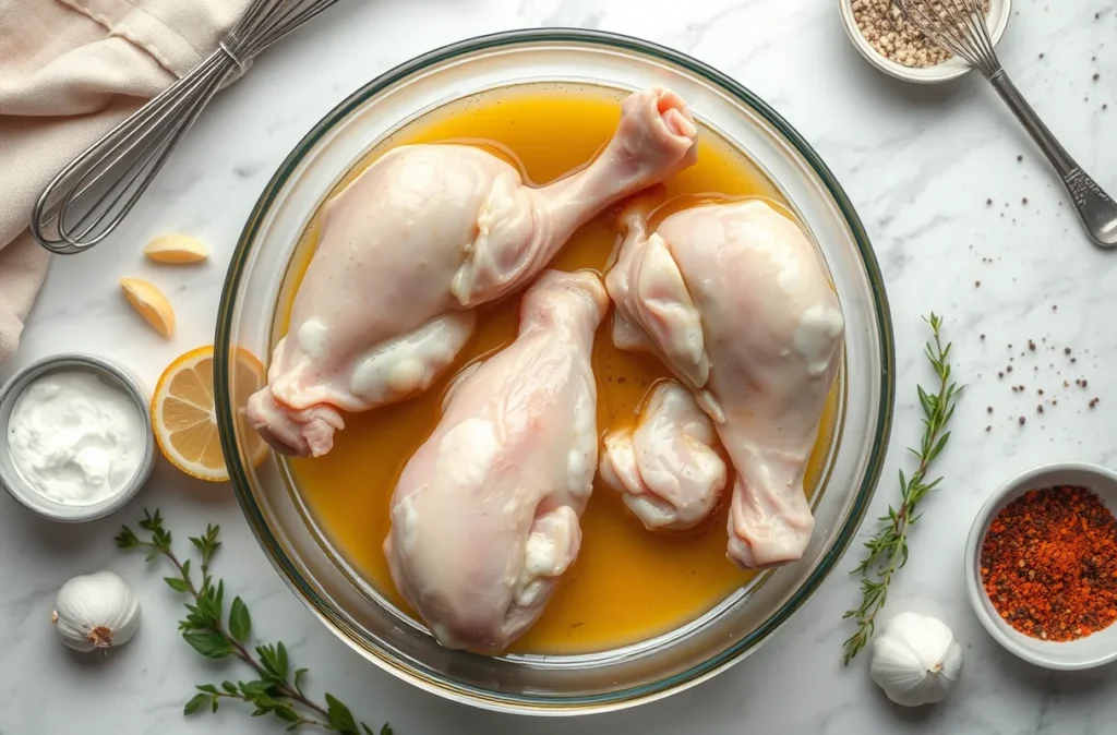 Pilons de poulet crus marinés dans un mélange de yaourt ou citron, épices et herbes fraîches pour une viande tendre et savoureuse