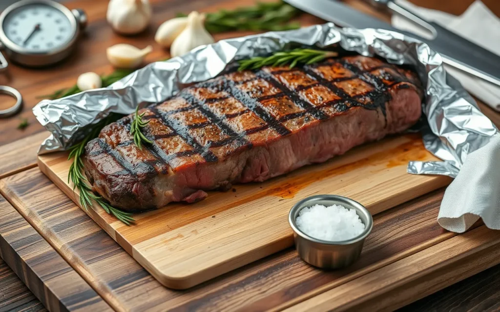 Côte de bœuf grillée reposant sur une planche en bois, recouverte d’aluminium, entourée de romarin, d’ail, de sel et d’un thermomètre à viande, avec un décor de cuisine ou de grillade en arrière-plan.