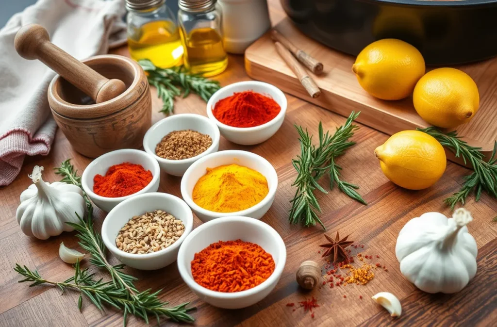 Épices et assaisonnements essentiels pour une recette dinde, avec paprika, curcuma, piment doux, noix de muscade, herbes fraîches, ail, huile d’olive, et citron zesté sur un plan de travail en bois.