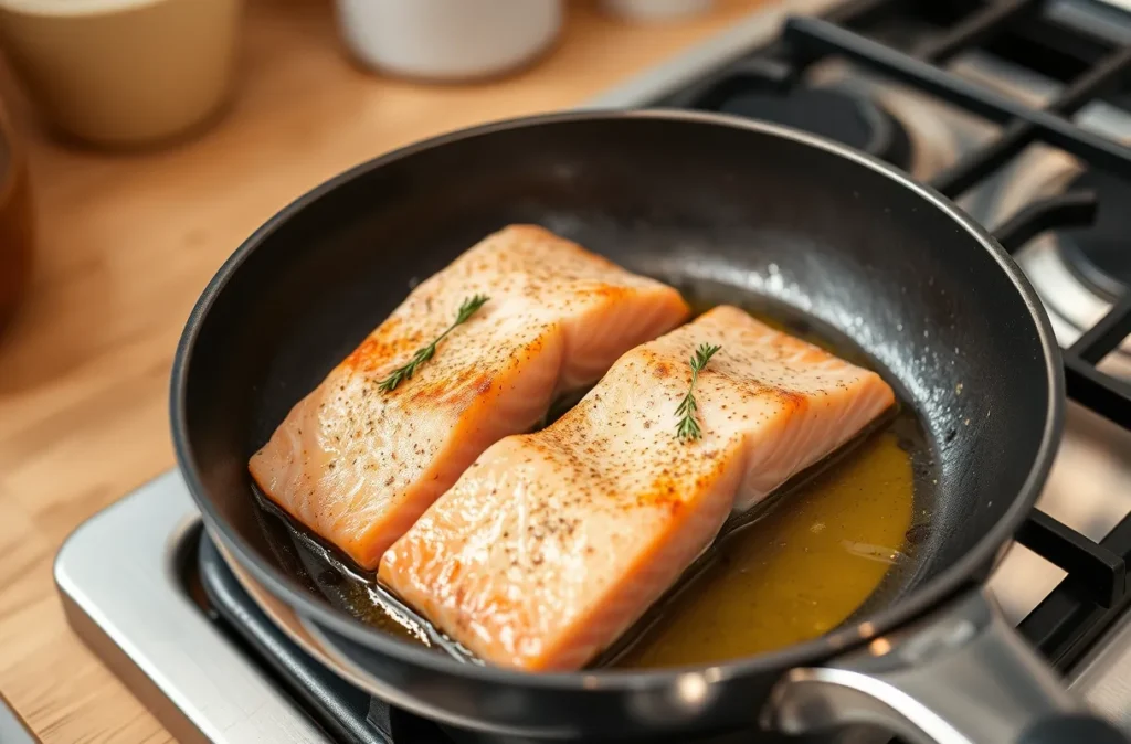 Pavés de saumon en cours de cuisson dans une poêle avec une belle dorure