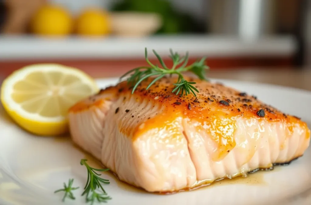 Gros plan sur un pavé de saumon parfaitement cuit avec citron et herbes.