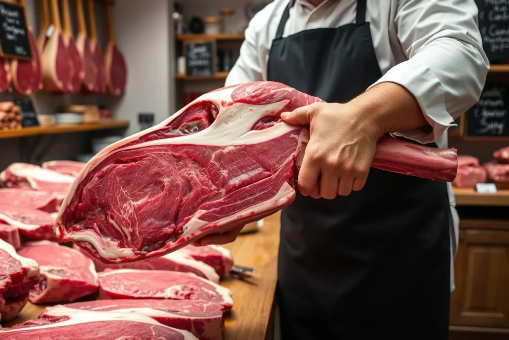 Un boucher présente une côte de bœuf marbrée de haute qualité.