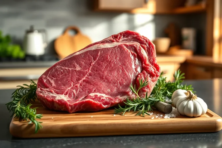 cote de boeuf maturée sur une planche en bois avec des herbes fraîches et des épices.