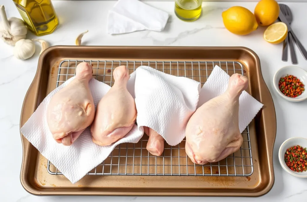 Pilons de poulet crus séchés avec du papier absorbant sur une grille, entourés d’épices et d’ingrédients frais pour une peau ultra croustillante