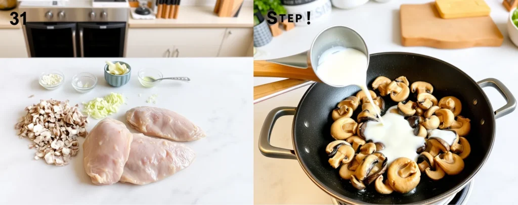 Préparation et cuisson : escalopes dorées dans une poêle, champignons sautés et crème ajoutée pour une sauce onctueuse dans une cuisine moderne et lumineuse.