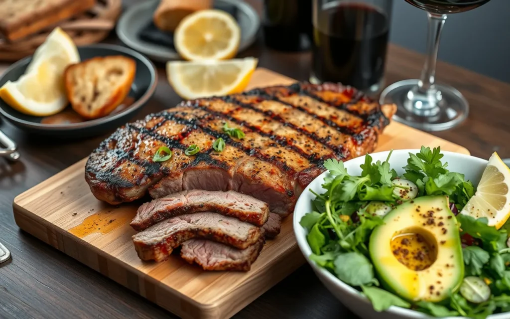 Tranches de côte de bœuf dorée sur une planche en bois, accompagnées d’une salade de roquette, avocat, citron et huile d’olive, avec une table conviviale en arrière-plan.