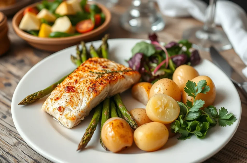Pavé de saumon accompagné d’asperges et de pommes de terre.