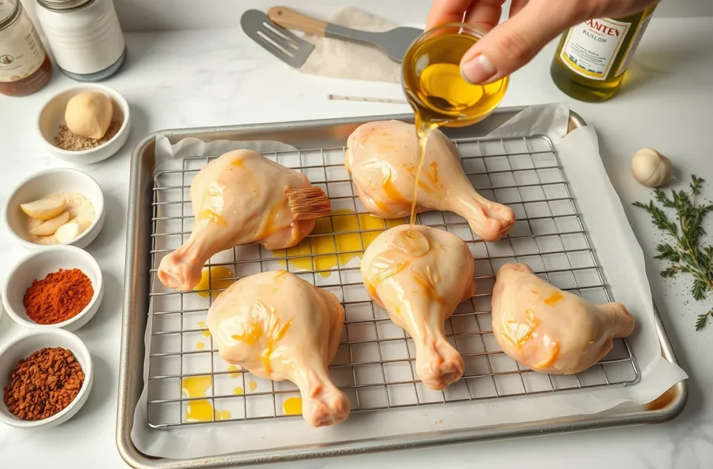Pilons de poulet crus badigeonnés d'huile d'olive, prêts à cuire, entourés d'épices et d'ingrédients frais pour une peau dorée et croustillante