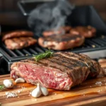 Côte de bœuf grillée reposant sur une planche en bois, recouverte d’aluminium, entourée de romarin, d’ail, de sel