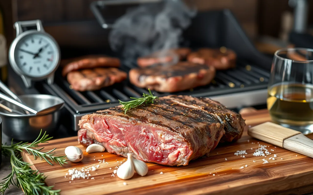 Côte de bœuf grillée reposant sur une planche en bois, recouverte d’aluminium, entourée de romarin, d’ail, de sel