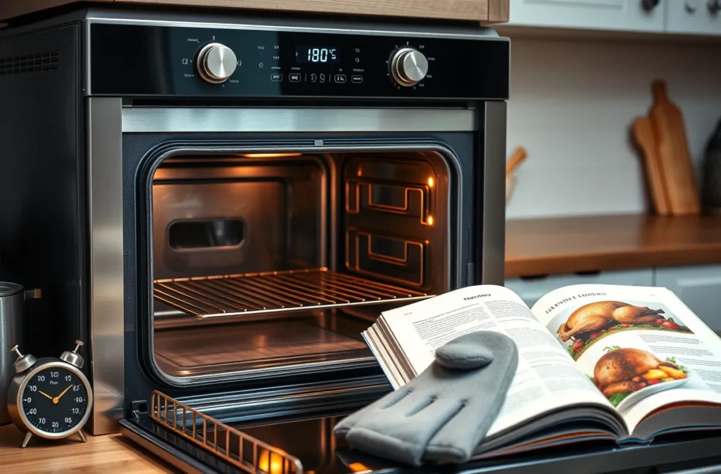 Four moderne préchauffé à 180°C avec température affichée sur le panneau de contrôle, porte légèrement ouverte, et intérieur propre avec grille prête à l’emploi.