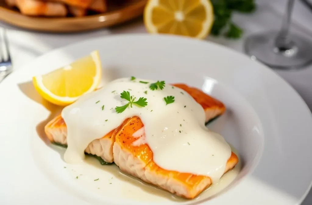 Pavé de saumon nappé d’une sauce crémeuse aux herbes.