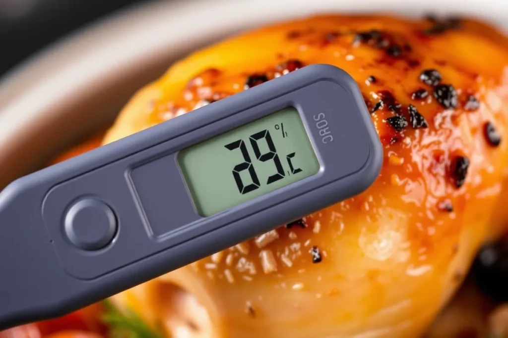 Thermomètre inséré dans un jambonneau de dinde pour vérifier la cuisson.