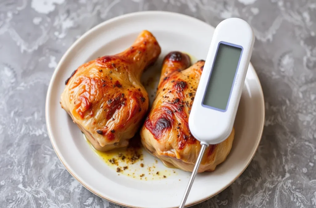 Pilons de poulet cuits avec thermomètre de cuisine affichant 75°C, entourés d'herbes fraîches et de citron pour une cuisson parfaite et juteuse