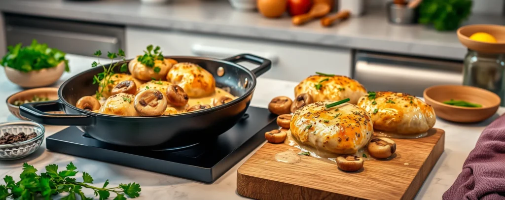 Escalopes de poulet à la crème et champignons garnies de thym, feuille de laurier et persil frais dans une cuisine moderne et lumineuse