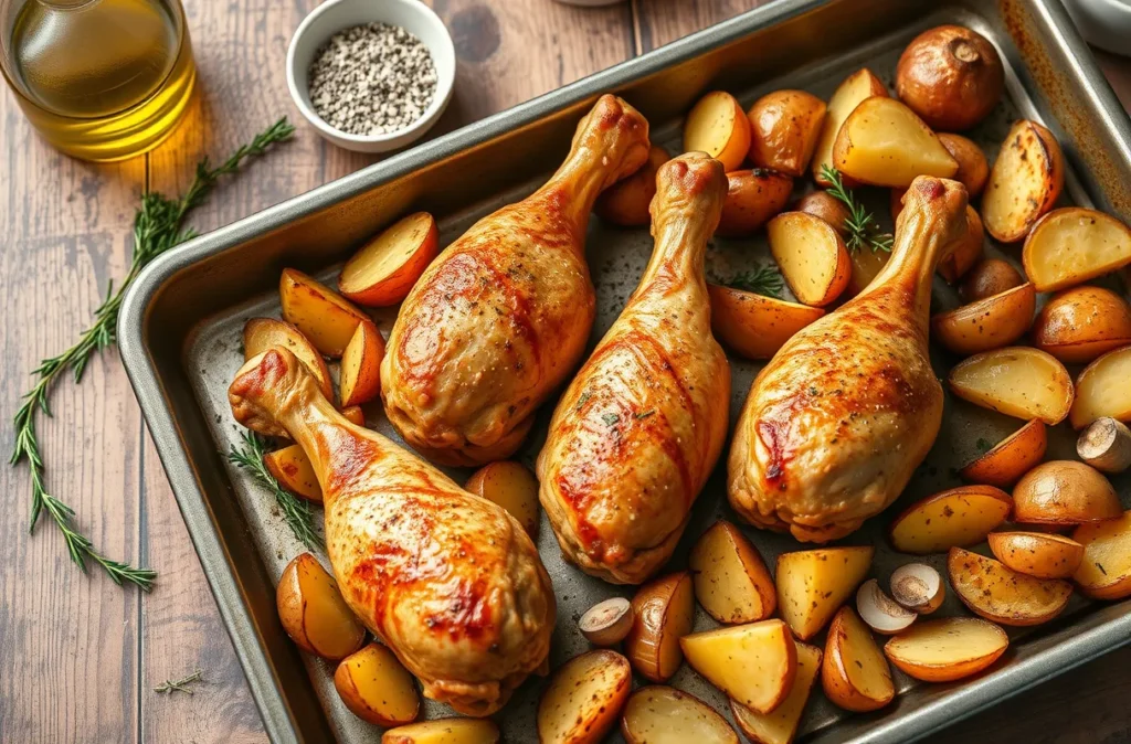 Pilons de poulet dorés au four avec pommes de terre rôties, assaisonnés d'herbes et accompagnés d'ail et d'oignons caramélisés pour un plat savoureux et équilibré