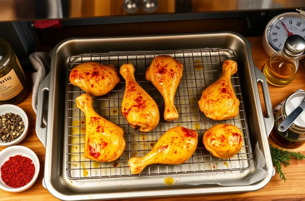 pilon de poulets au four dorés et croustillants cuits au four sur une grille, pour une cuisson homogène et savoureuse.