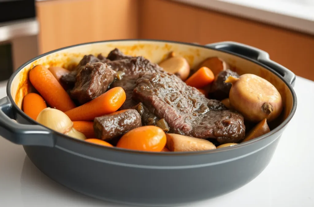 Paleron de bœuf recette mijoté avec carottes, oignons, pommes de terre et légumes racines dans une cuisine moderne et lumineuse