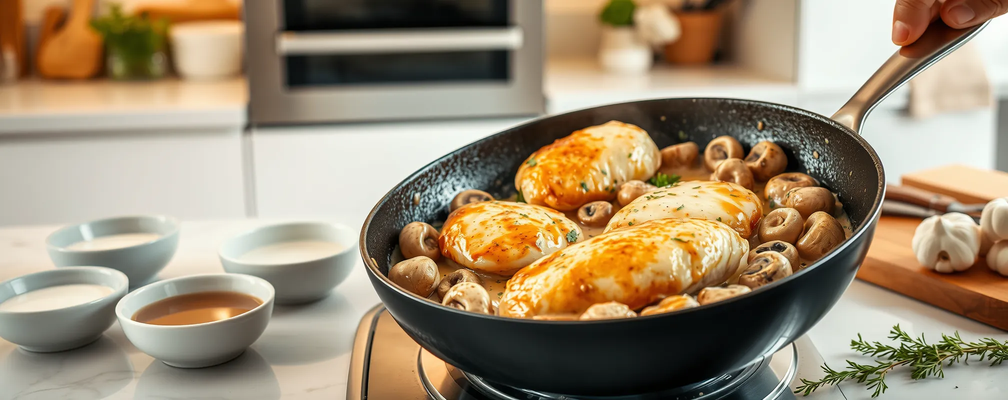 Escalopes de poulet dorées avec champignons et sauce crémeuse à l'ail dans une cuisine moderne et lumineuse