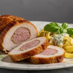 Jambonnette de dinde confite à la sauce Roquefort, servie avec tagliatelles et basilic.