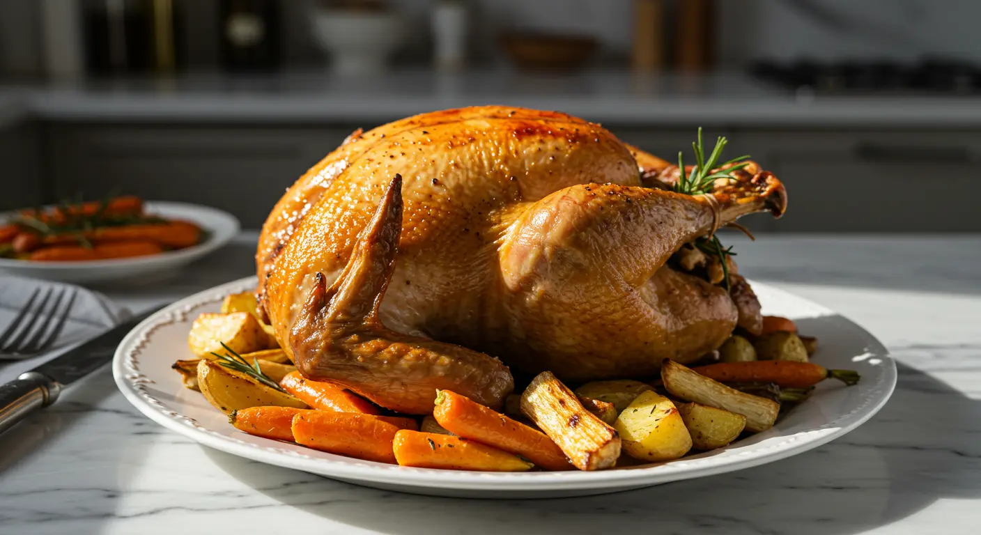 Jambonnette de dinde rôtie avec légumes, servie dans une assiette blanche sur plan de travail en marbre.
