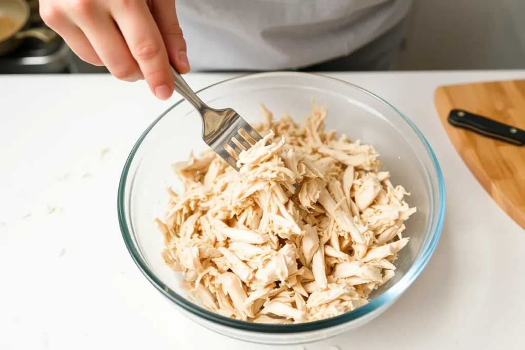 Effilage du poulet cuit à l'aide de deux fourchettes