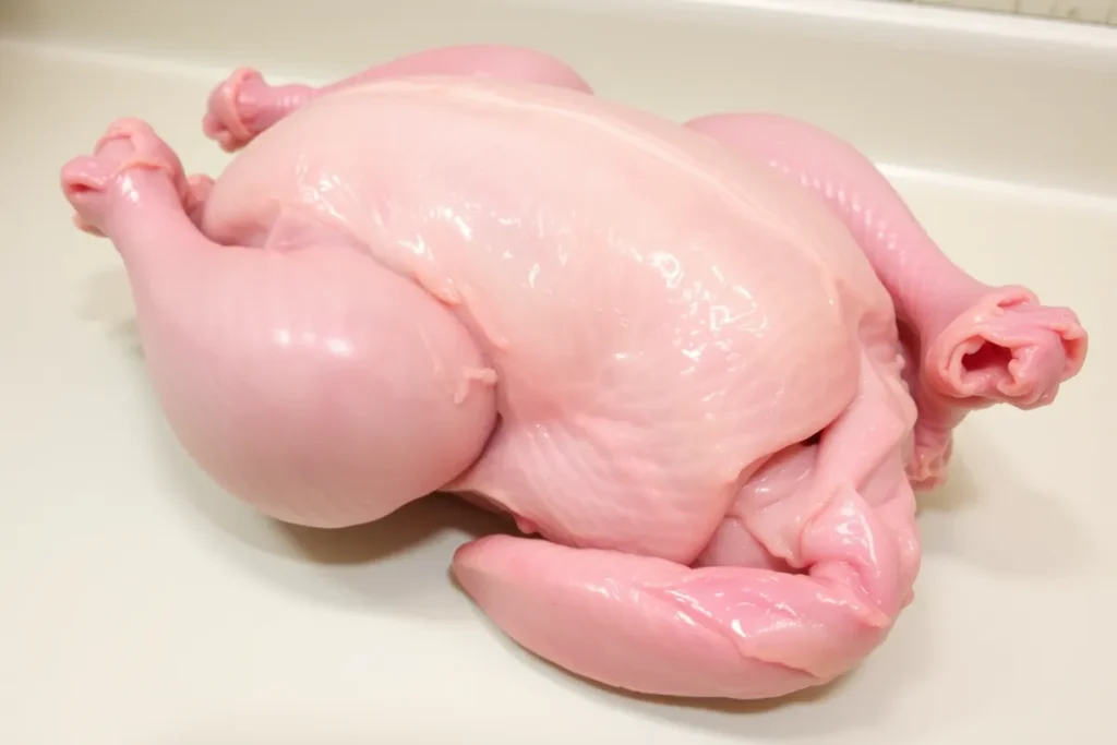 Suprême de poulet entier avec l'aileron et la peau, prêt pour la cuisson.