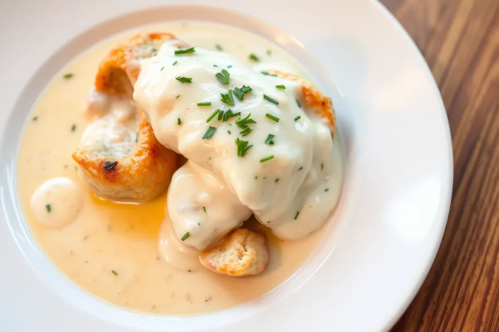Suprême de volaille à la crème servi sur une assiette