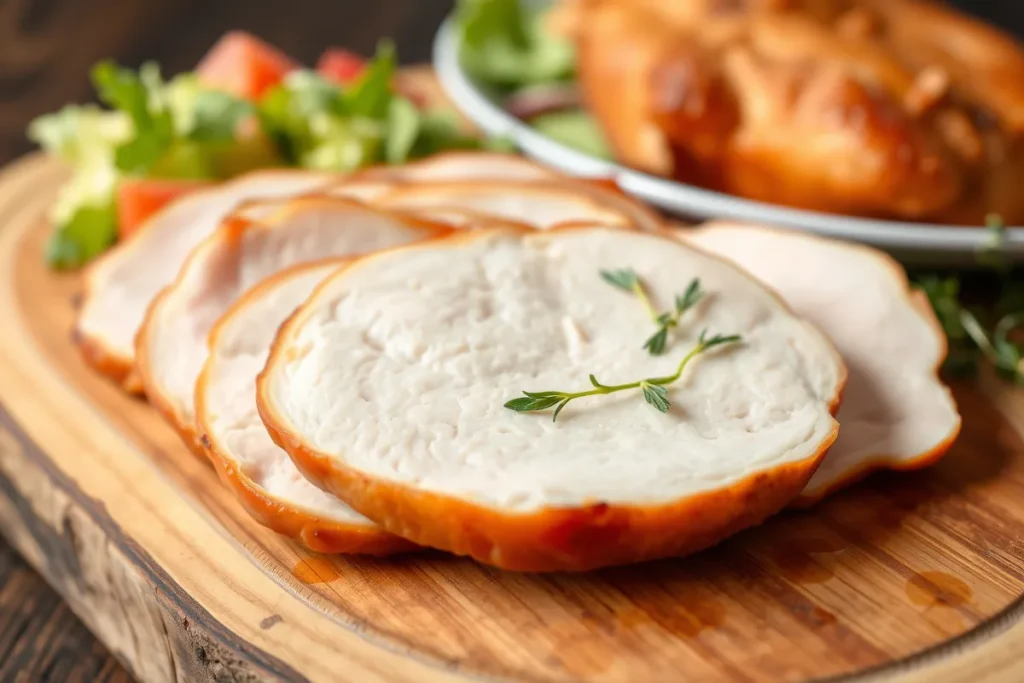 Jambon de dinde maison tranché et présenté avec des herbes fraîches.