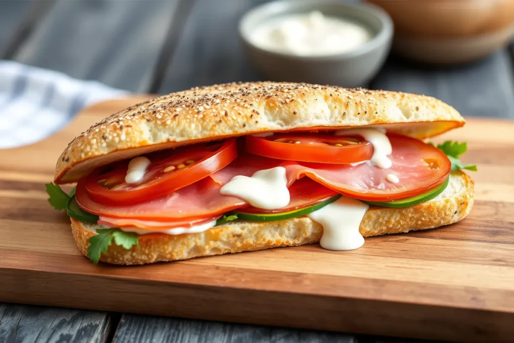 Sandwich au jambon de dinde maison avec légumes frais.