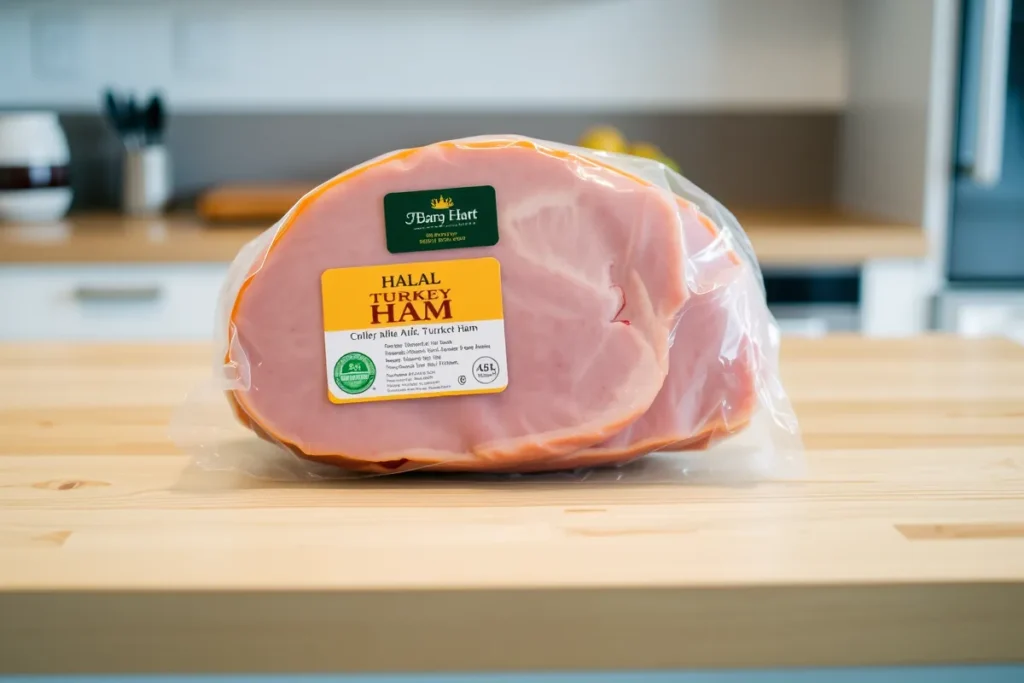 Paquet de jambon de dinde halal avec un label certifié, posé sur un plan de travail en bois.