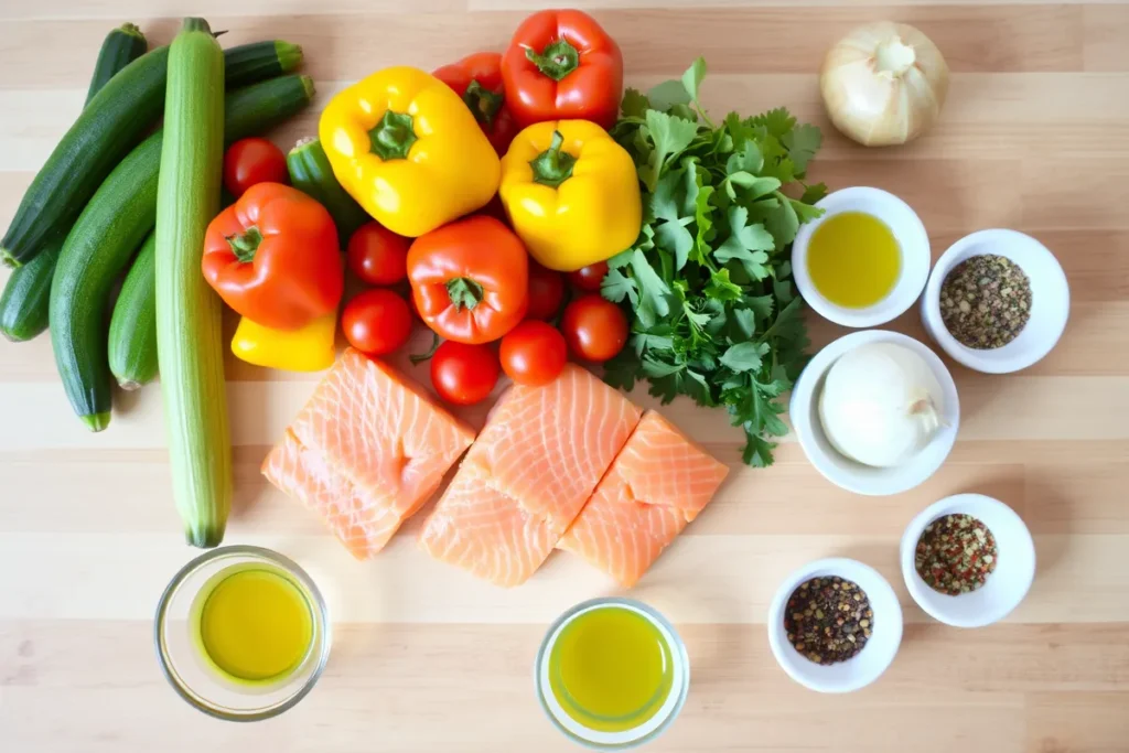 Légumes frais et pavés de saumon prêts à être cuisinés.