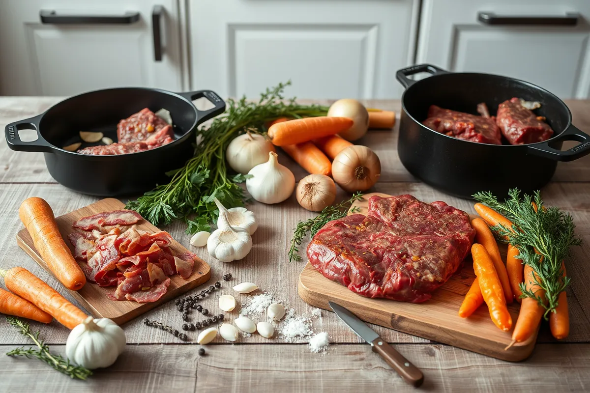 Assortiment d'ingrédients frais pour une recette de plat de cote de boeuf mijoté.