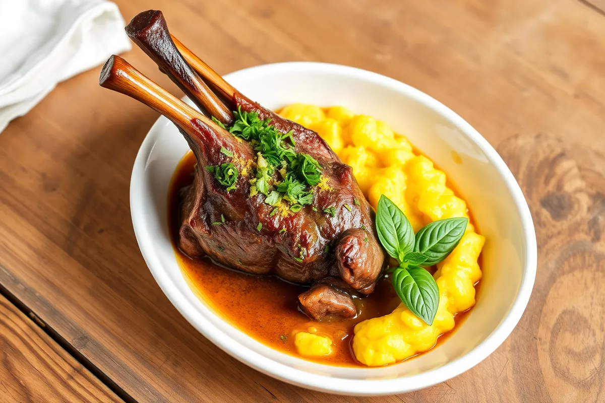 Jarret de bœuf recette italienne servi dans une assiette blanche avec gremolata et polenta.