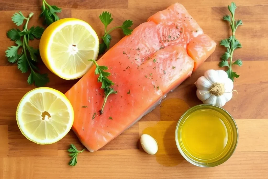 Ingrédients frais pour la Marinade pavé de saumon , huile d'olive et ail.
