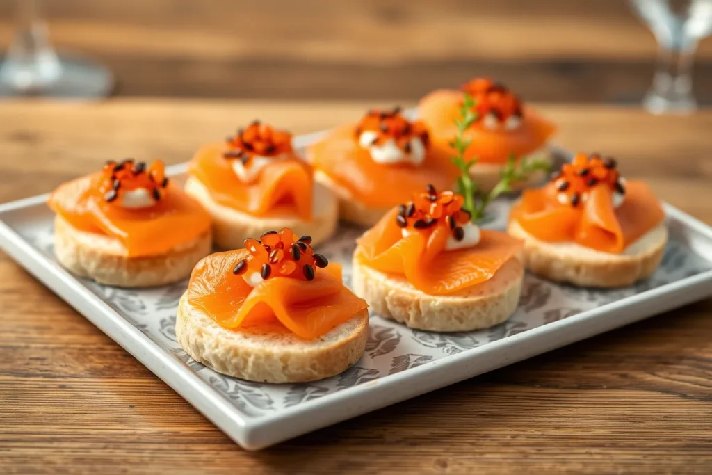 Pavé de saumon fumé sur blinis avec crème fraîche et œufs de poisson