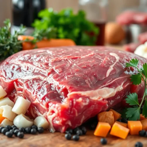 Plat de côte de boeuf, légumes frais et ingrédients pour la recette de boeuf plat de côte