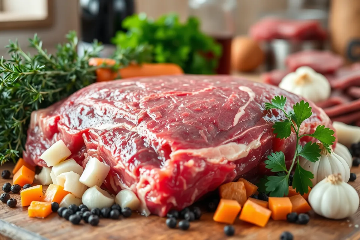 Plat de côte de boeuf, légumes frais et ingrédients pour la recette de boeuf plat de côte